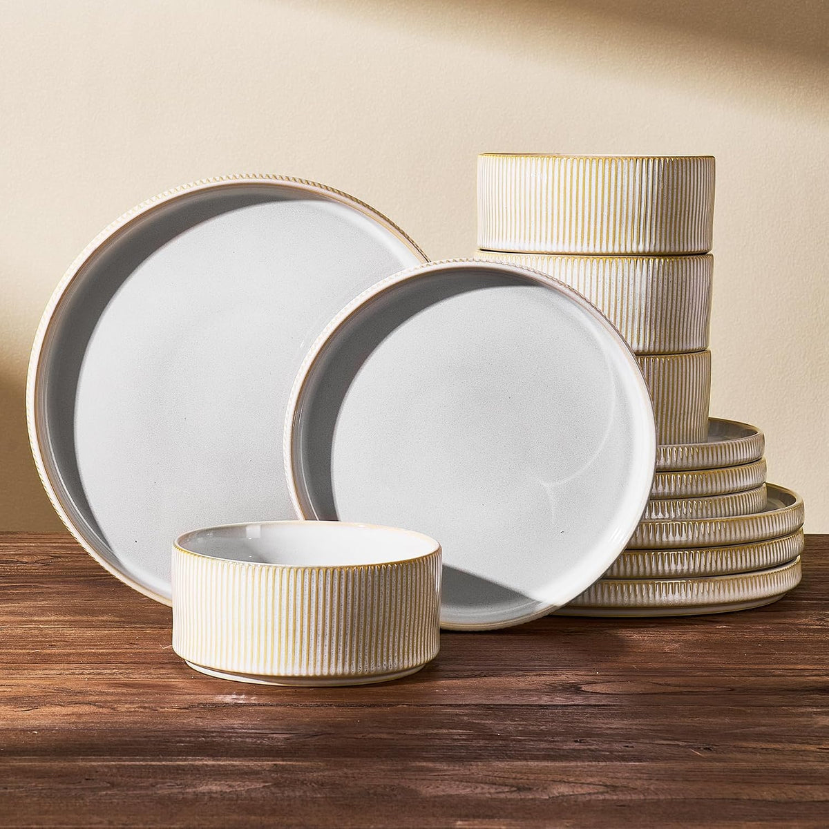 Vajilla de Gres 12 Piezas para 4 Personas | Platos y Tazones de Ceramica con Doble Esmalte Reactivo | Apta para Microondas y Lavavajillas | Blanco Capuchino
