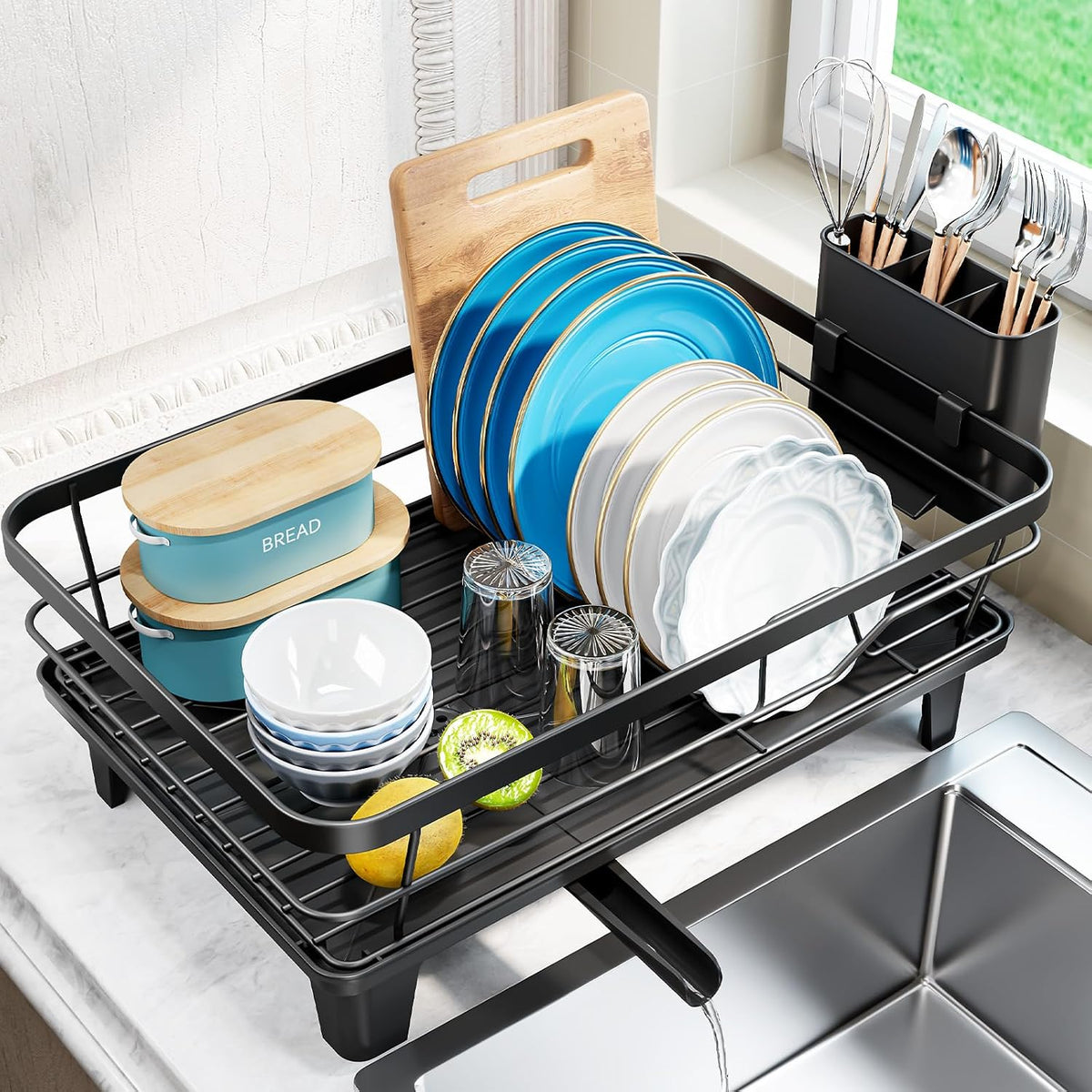 Escurridor de Platos Urakify Negro para Mesada de Cocina 16.5x12.2" – Con Bandeja Drenadora y Portacubiertos