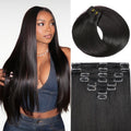 Extensiones de cabello con clip ZNXDJXE, cabello humano real, 45 cm (18 pulgadas), 100 g (3.6 oz), negro natural 1B, extensiones de cabello humano Remy liso invisible sin costuras, 8 piezas por juego con doble trama.