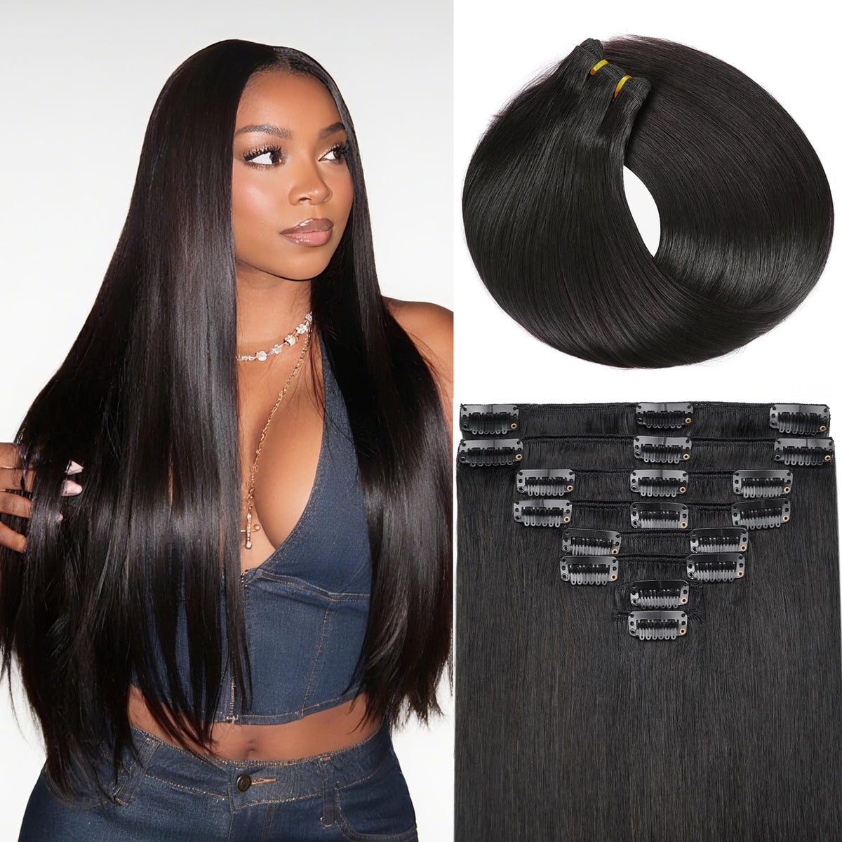 Extensiones de cabello con clip ZNXDJXE, cabello humano real, 45 cm (18 pulgadas), 100 g (3.6 oz), negro natural 1B, extensiones de cabello humano Remy liso invisible sin costuras, 8 piezas por juego con doble trama.