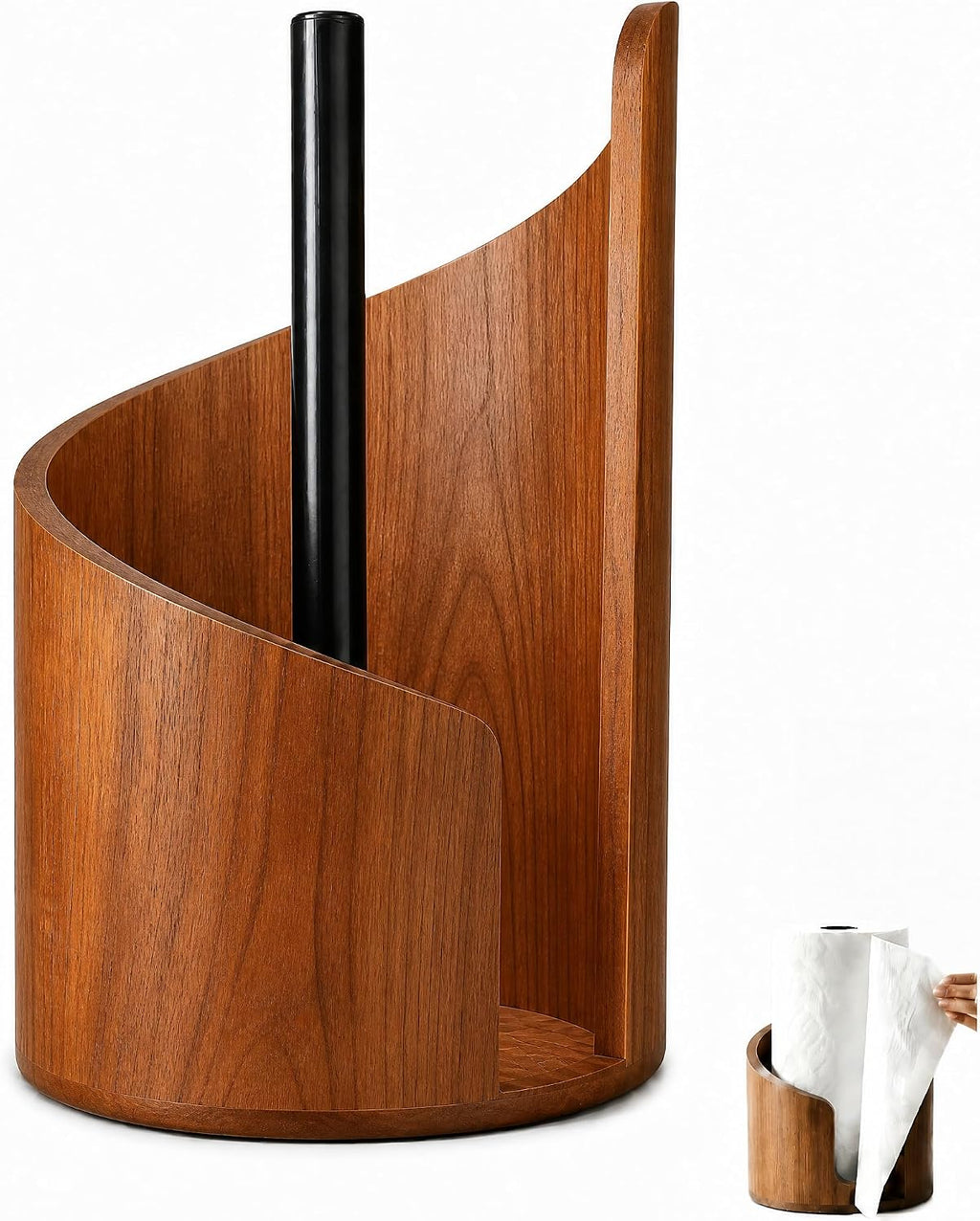 Soporte de madera para toallas de papel de sobremesa: fácil de usar con una sola mano. Fabricado en madera natural y con un elegante acabado metálico. Ideal para la cocina y el baño. (Marrón)