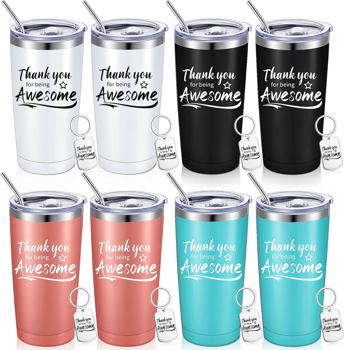 NO INCLUYE LLAVEROS, FALTA 1 JUEGO DE PAJILLA E ISOPO Y SON 8 VASOS. Set Sieral de 16 Vasos Termicos Thank You for Being Awesome | 20oz de Acero Inoxidable con Tapa y Pajilla | Regalo de Agradecimiento con Llavero | Color Clasico