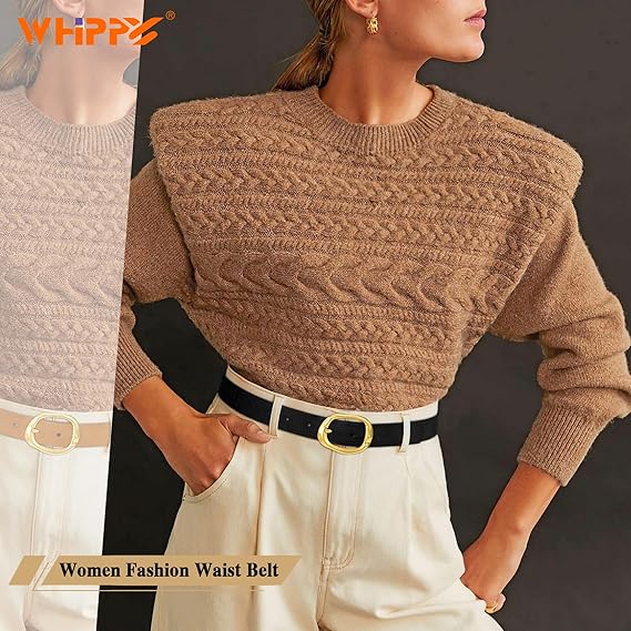 WHIPPY Cinturón de cuero para mujer, cinturón de cintura casual con hebilla dorada, cinturón de moda para mujer, para pantalones de mezclilla, vestido