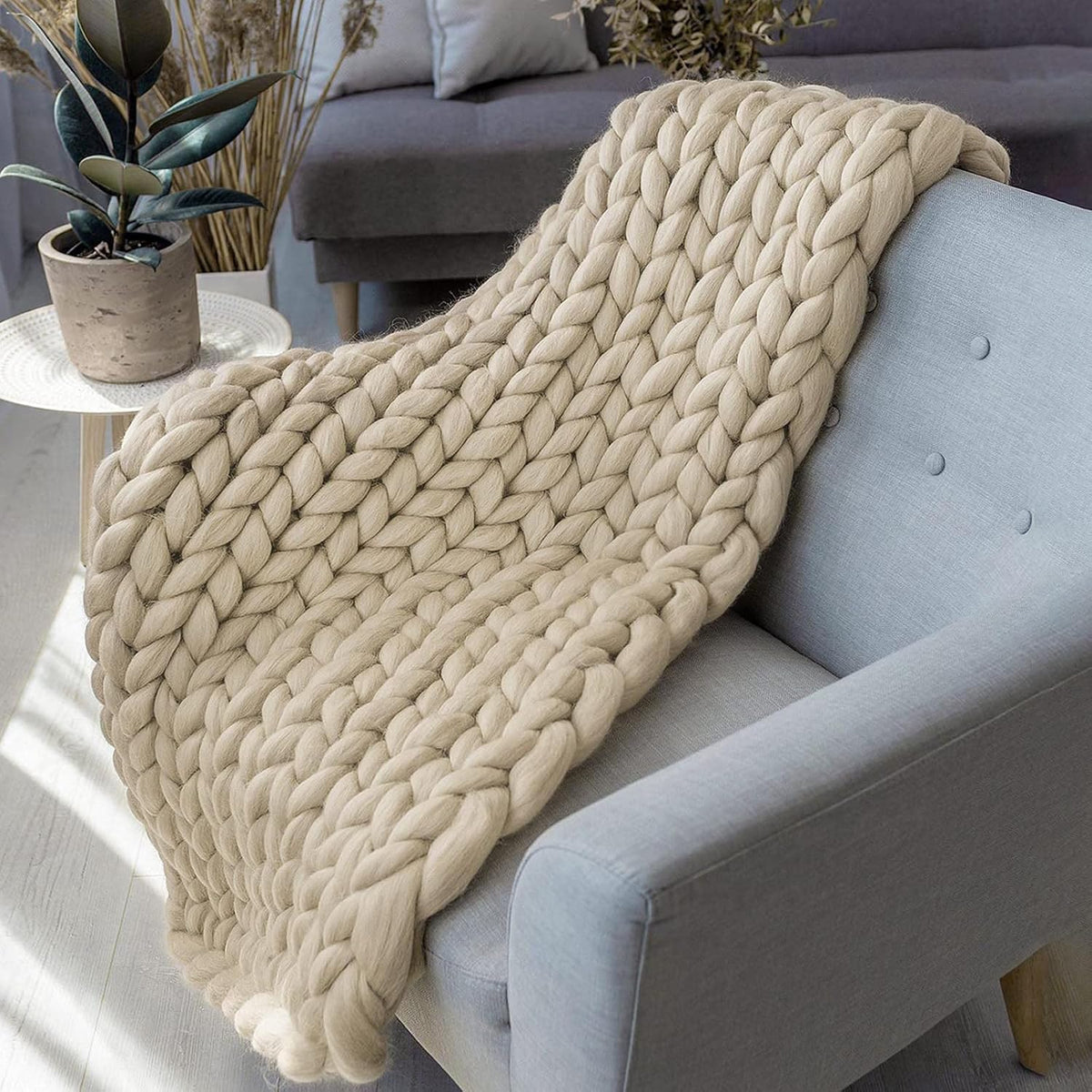 Manta de punto grueso 100% hecha a mano, hilo grande de lana merina, suave y esponjosa para sofá, cama, manta grande de ganchillo grande, acogedora manta tejida de cable grueso, color beige