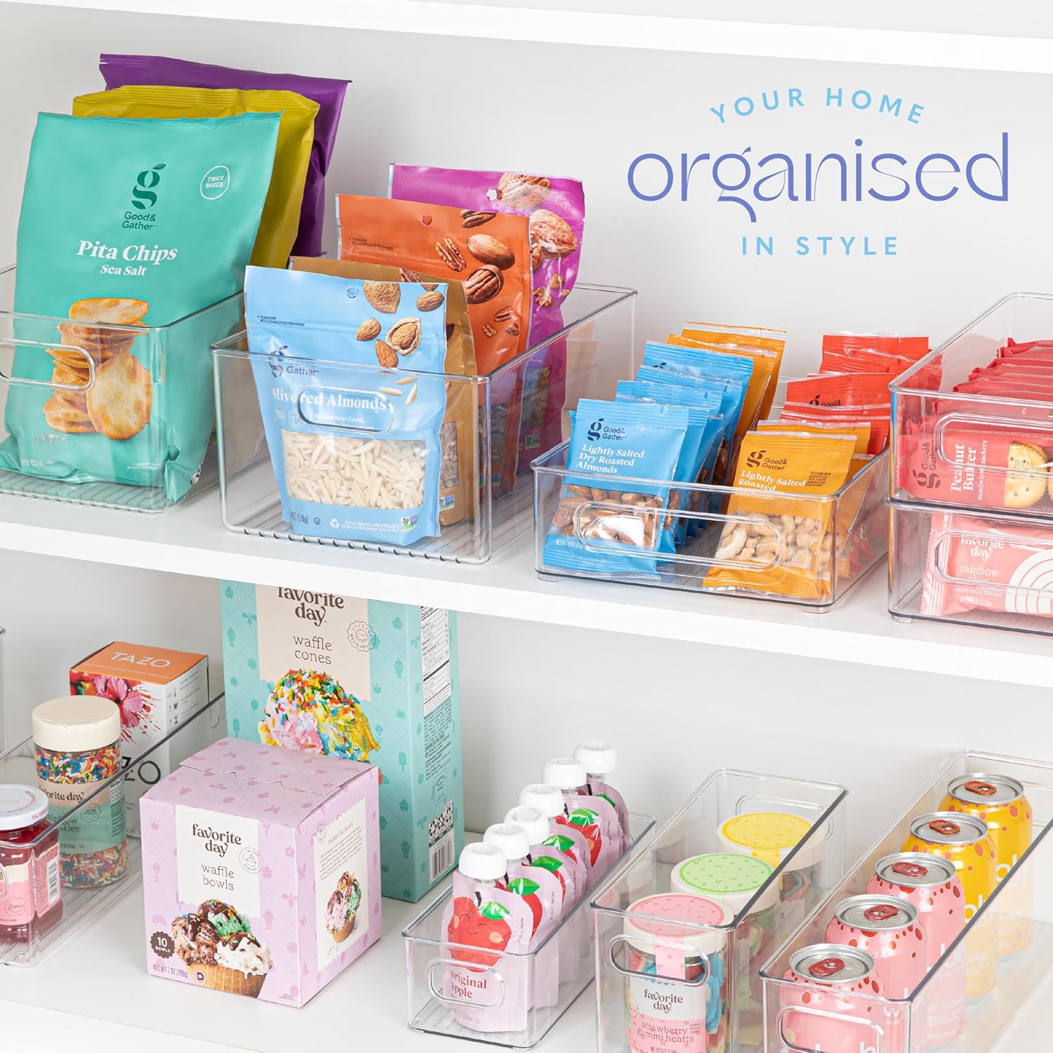 Contenedor de plástico transparente para almacenamiento de alimentos, paquete de 2 contenedores con asas para organizar cocina, despensa, refrigerador, congelador, despensa, armario, baño. Apilable de 10 x 4 x 3 pulgadas