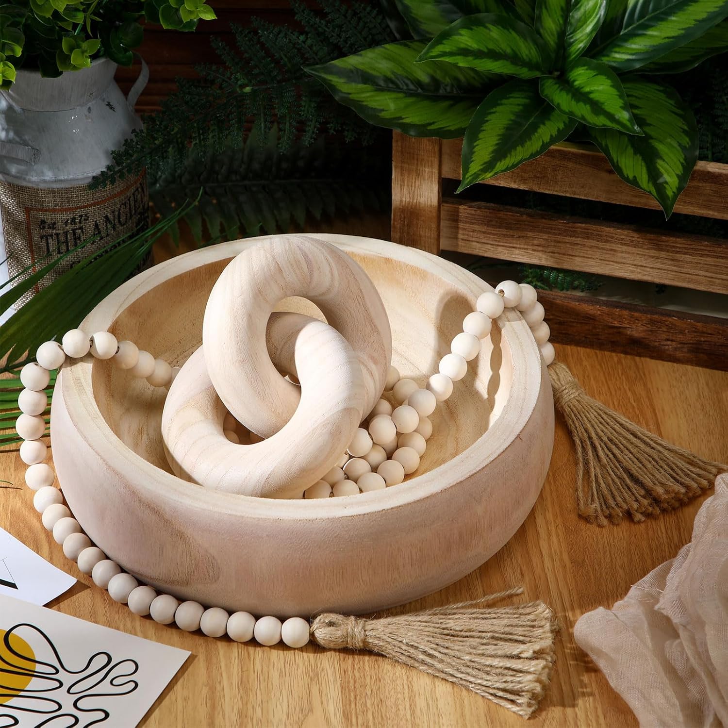 Hushee 3 Pcs Wood Decor Set Include fruit Bowl Beads Garland with Tassels Knot Chain Link Decor Wood Serving Bowl Farmhouse Beads for Home Room Table Rustic Decorations