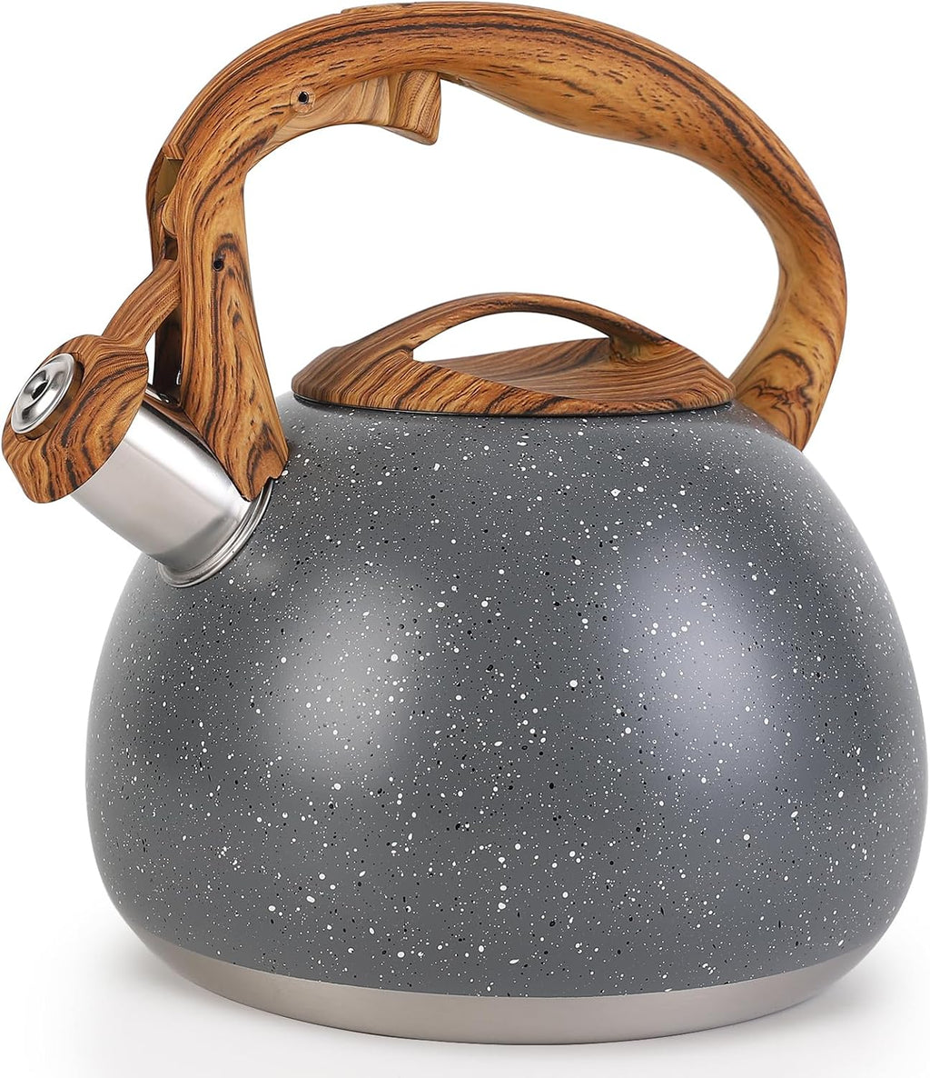 Tetera Vegoran de 3 litros (100 oz) con silbato, fabricada en acero inoxidable apto para uso alimentario, con mango plegable con diseño de madera y silbato potente para té, café y leche (gris).