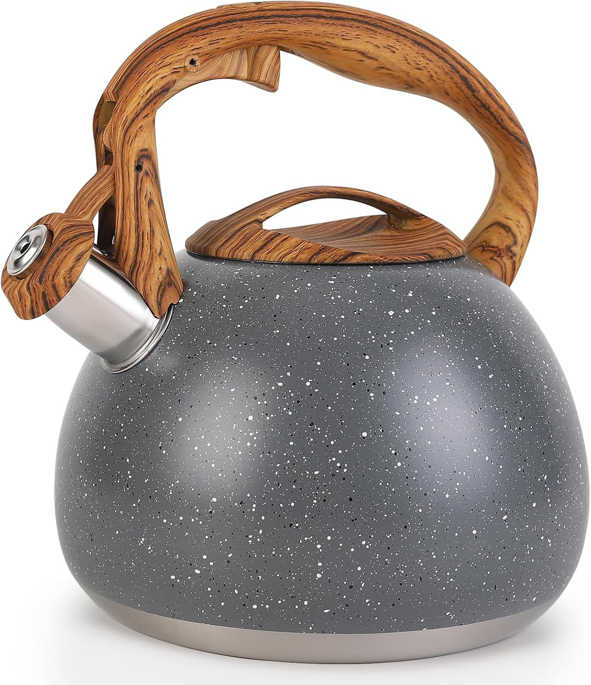 Tetera Vegoran de 3 litros (100 oz) con silbato, fabricada en acero inoxidable apto para uso alimentario, con mango plegable con diseño de madera y silbato potente para té, café y leche (gris).