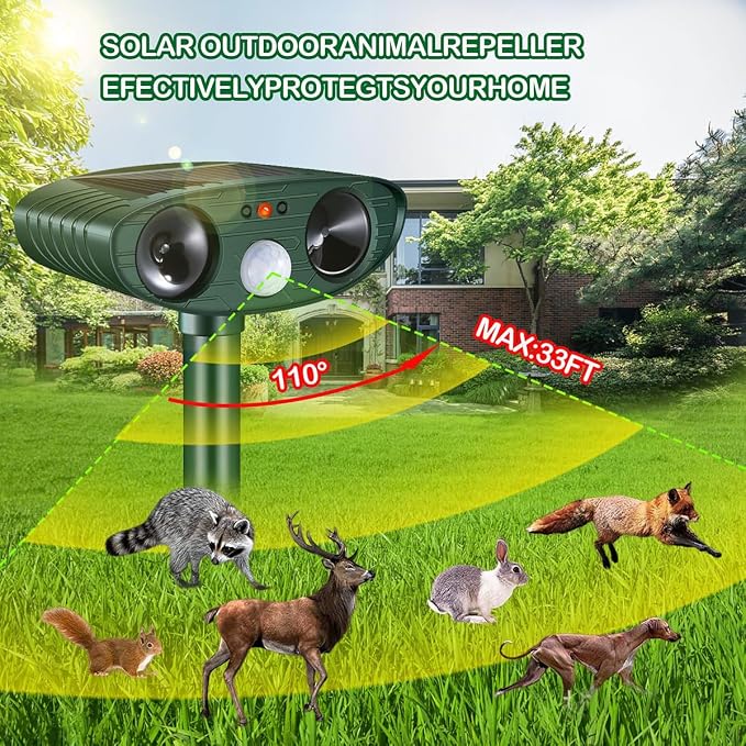Repelente ultrasónico solar para animales (gatos, perros, ciervos, mapaches, ardillas, conejos, pájaros) con sensor de movimiento. Disuasivo impermeable para jardín y granja