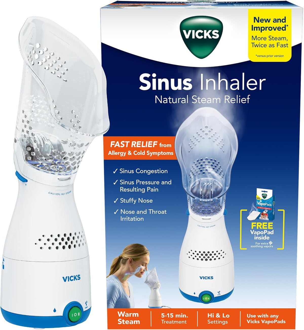 Inhalador de Vapor Vicks para Sinusitis | Sin Medicamento, Enchufable | Alivia Congestion, Alergias y Resfriados | Compatible con VapoPads (1 Incluido)