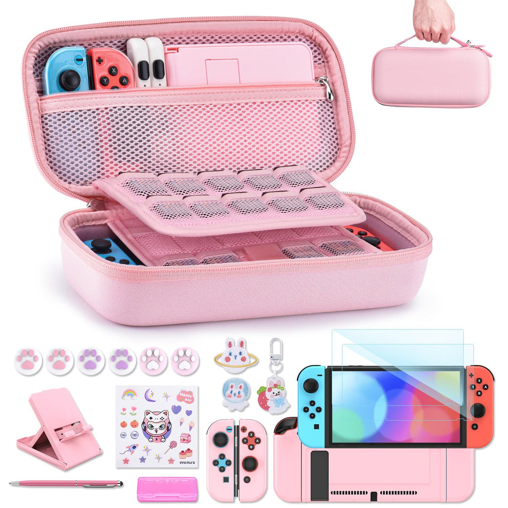 Kit 19 en 1 innoAura para Nintendo Switch (2017) - Funda, Protector de Pantalla, Soporte, Grips y Más, Rosa