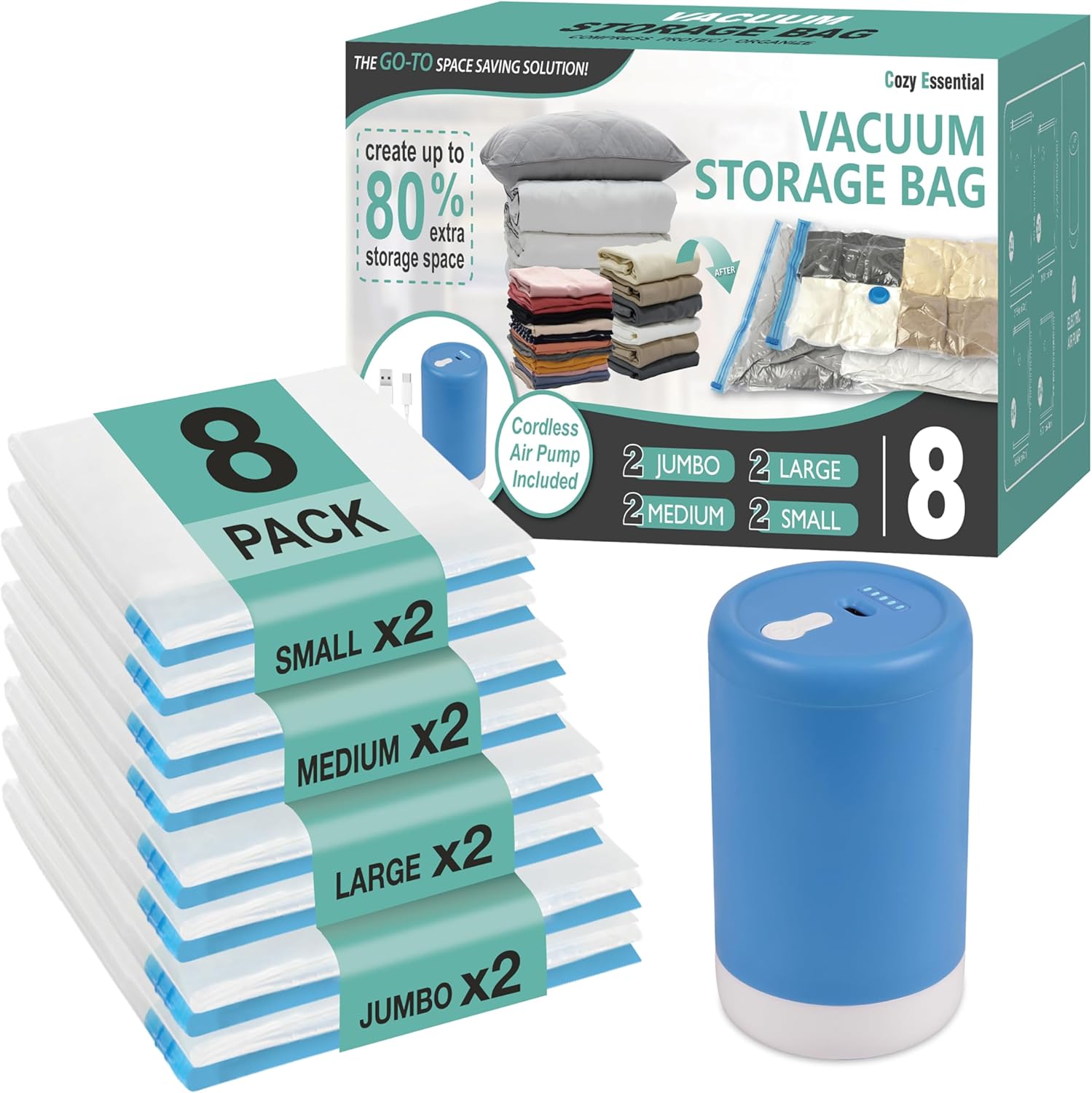Cozy Essential 8 Pack Travel Vacuum Storage Bags with Rechargeable Wireless Electric Pump for Luggage, Suitcase, Carry-on Size Vacuum Seal Compression Space Saver Bags for Clothes and Clothing Travel