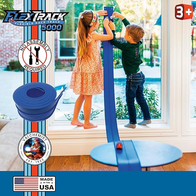 FlexTrack 5000 Pista de Carreras Flexible para Niños Juguete con Ventosas Compatible con Hot Wheels y Autos Fundidos a Presión 1/64 y Más 15 Pies de Largo se Enrolla Pista de Carreras Portátil (Azul