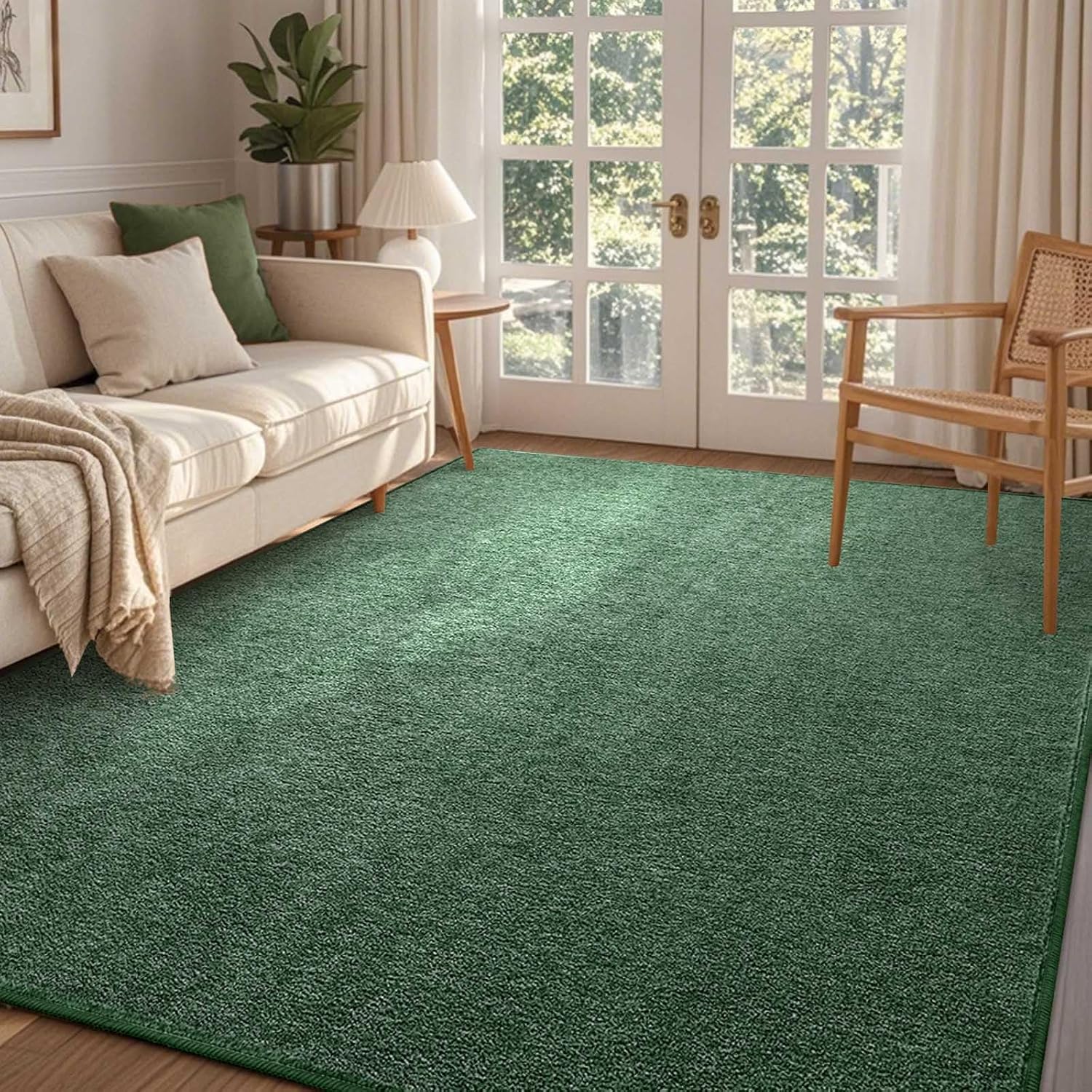 FinReÌ€c 4x6 Washable Area Rugs for Bedroom Living Room, Low Pile Thin Rug Solid Color, Non-Slip Carpet Indoor for Home Decor (Green)