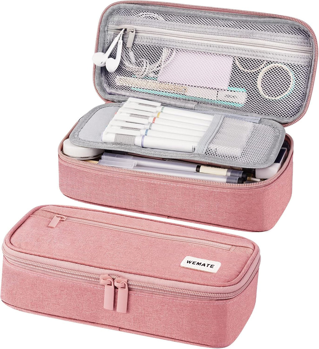 Estuche Grande para Lápices WEMATE — Lona Estética con Cremallera, Gran Capacidad, Rosa