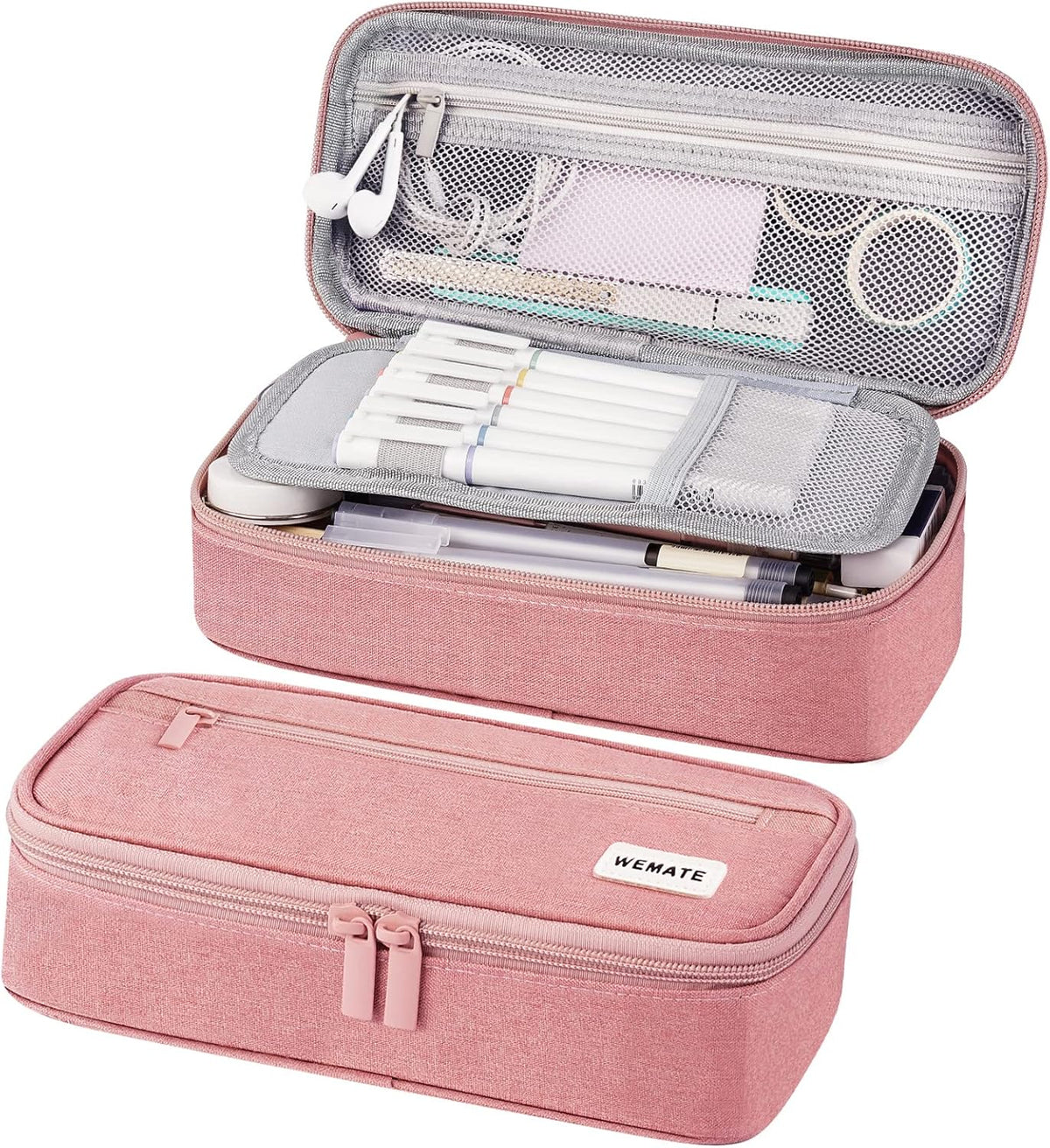 Estuche Grande para Lápices WEMATE — Lona Estética con Cremallera, Gran Capacidad, Rosa