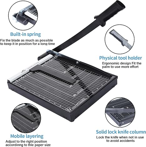 ISDIR Cortador de papel guillotina de 12 pulgadas con barra de presión integrada - Base de metal resistente, capacidad de 12 hojas, guía magnética y protector de seguridad - Recortadora de precisión