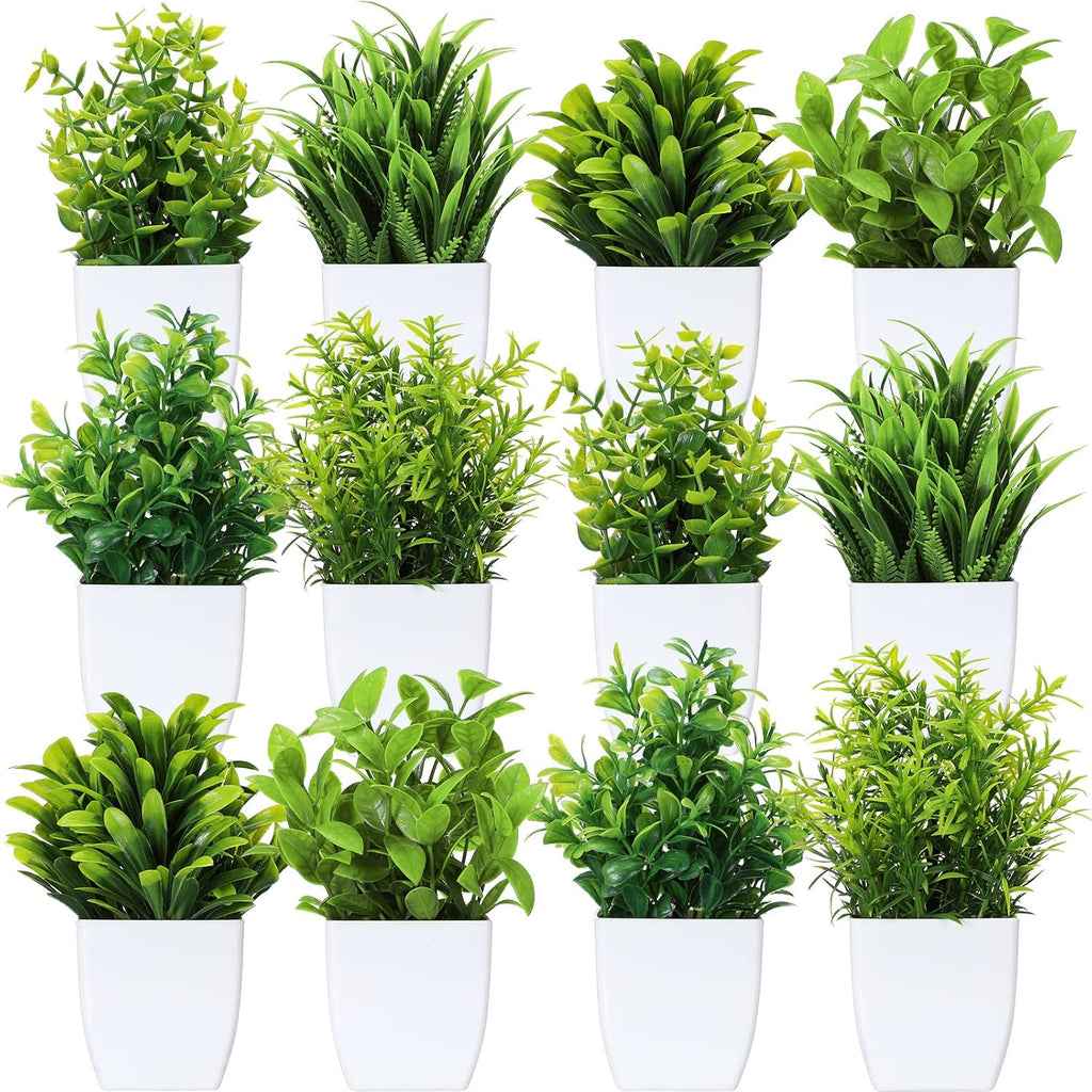 Unittype - 12 plantas falsas pequeñas, plantas artificiales, maceta blanca