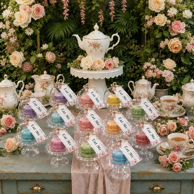 Maxcheck Juego de 12 mini soportes para tartas con tapa, placa de plástico para cupcakes, cubierta de cúpula de té, cúpula de pastel, bandeja transparente para postres con etiquetas Eat Me para cumpleaños, bodas, suministros de fiesta