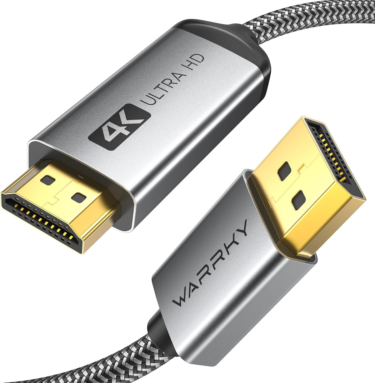 Cable WARRKY 4K DisplayPort a HDMI [UHD, carcasa metálica, cable de nailon] Unidireccional DisplayPort 1.2 de fuente a HDMI 1.4 de pantalla, DP a HDMI Compatible con ordenador, NVIDIA, AMD, Dell, Lenovo, monitor