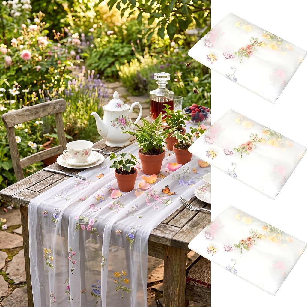 Lounsweer Juego de 3 caminos de mesa con diseño de flores silvestres, 3 m (29 x 120 pulgadas), bordado blanco, encaje de tul, ideal para bodas, baby showers, fiestas y decoración de mesas.