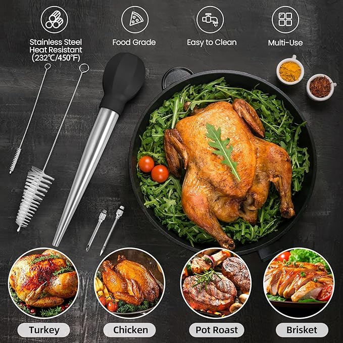 SCHVUBENR Baster grande para pavos con cepillo de limpieza y aguja, herramienta de acero inoxidable para cocinar, fácil de usar y limpiar, jeringa de alta resistencia, artículos esenciales de Acción