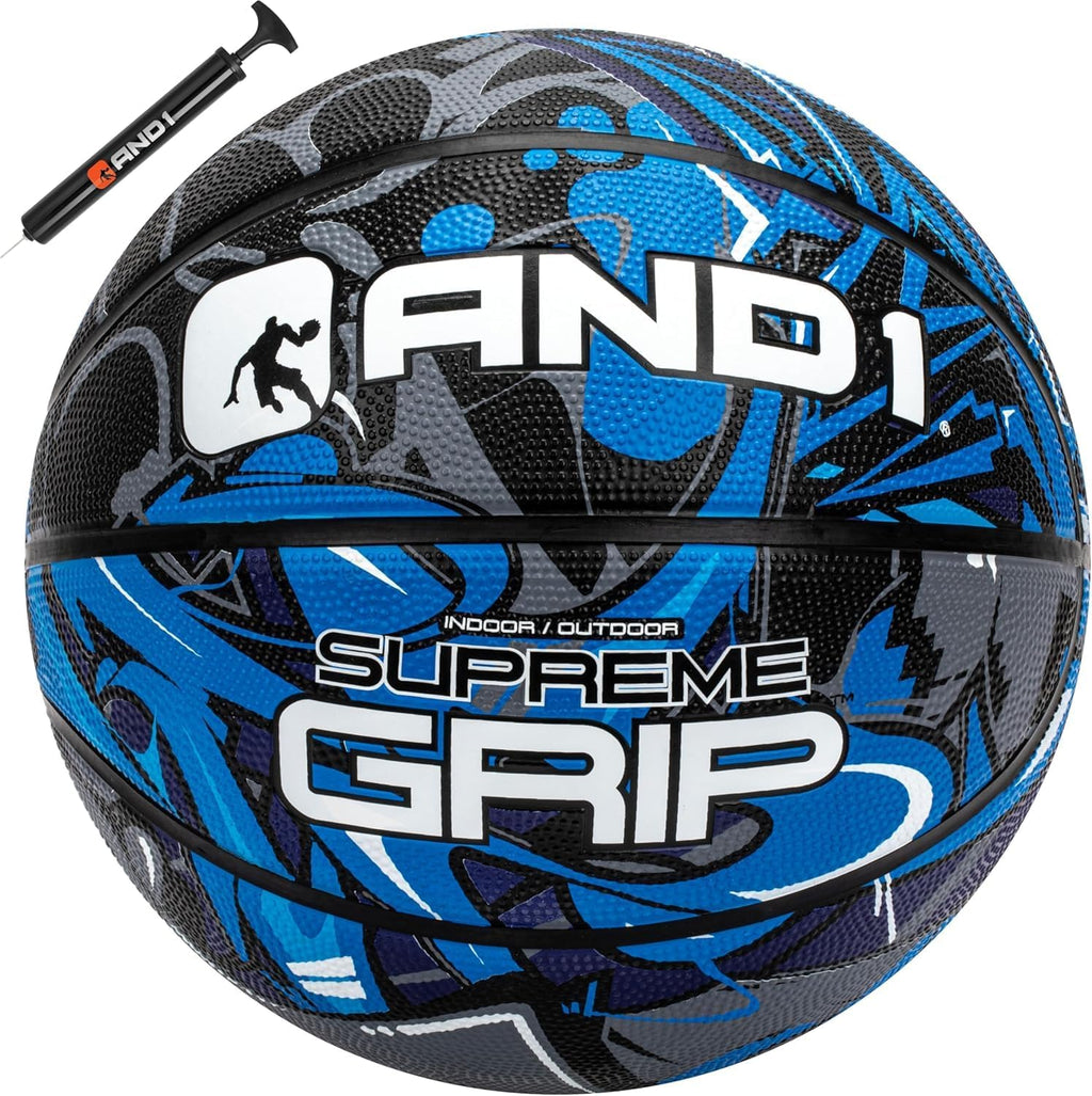 Balón de baloncesto de goma AND1 Supreme Grip: tamaño reglamentario oficial 7 (75 cm) - Balón callejero de construcción con canales profundos, diseñado para partidos de baloncesto en interiores y exteriores.