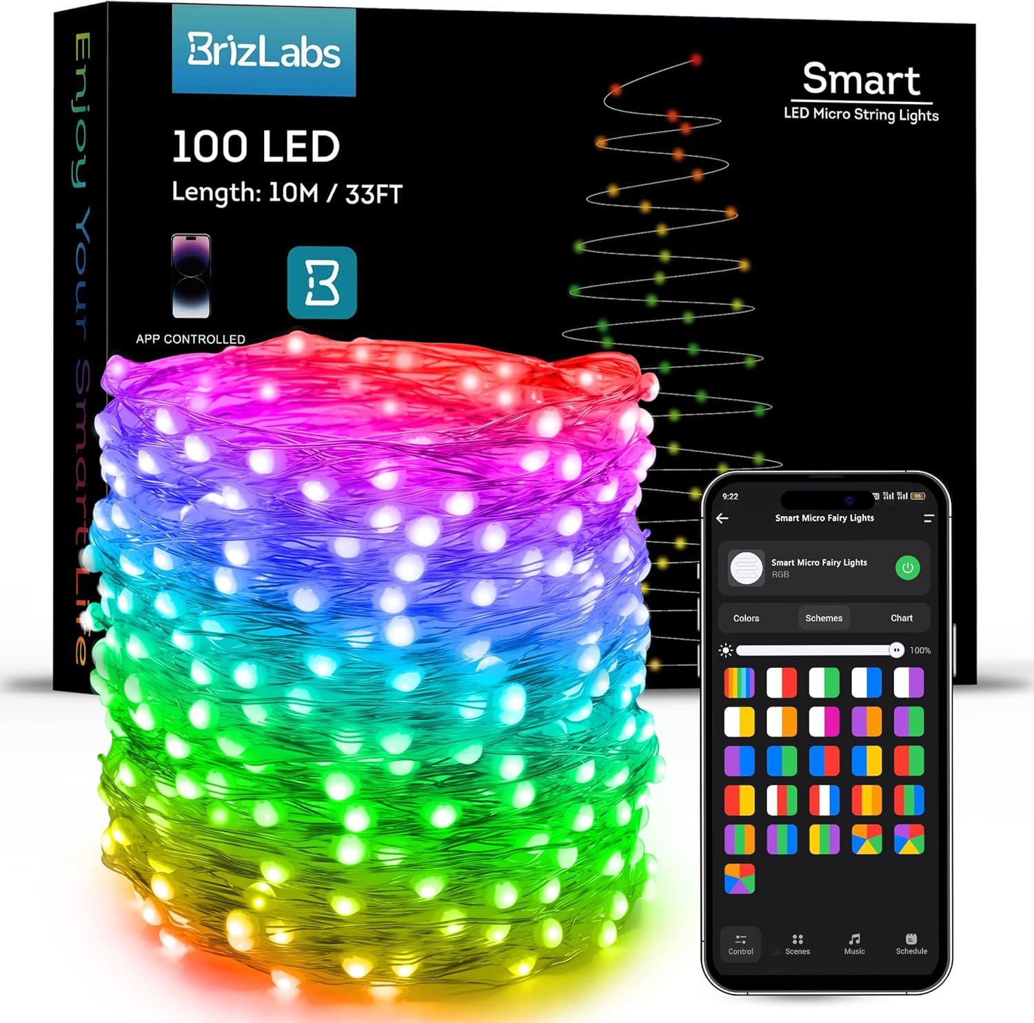 Luces de hadas inteligentes BrizLabs, 10 m, 100 LED que cambian de color, funcionan con Alexa/Google Home, WiFi, luz de Pascua pastel, RGB regulable, luz estrellada centelleante para árbol de Navidad, fiesta en casa, Pascua, Halloween 