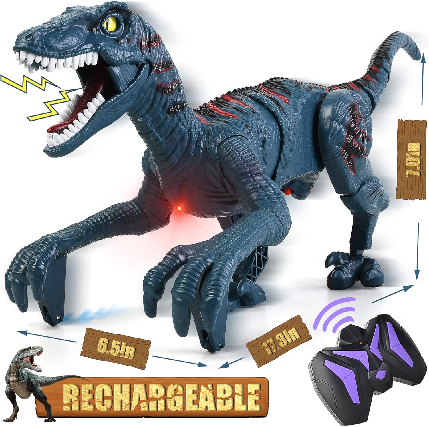 Dinosaurio de juguete grande con control remoto para niños - Velociraptor jurásico que imita el caminar y los sonidos - Robot de juguete que canta y mueve la cabeza y la cola 