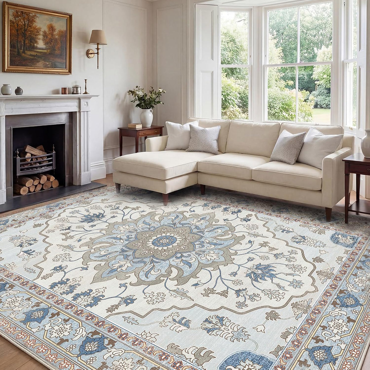 Alfombra YBYX 6x9 para Sala | Lavable a Máquina, Boho Vintage | Superficie Impermeable y Base Antideslizante | Plegable, Suave y de Pelo Bajo con Medallón Floral | para Dormitorio y Comedor