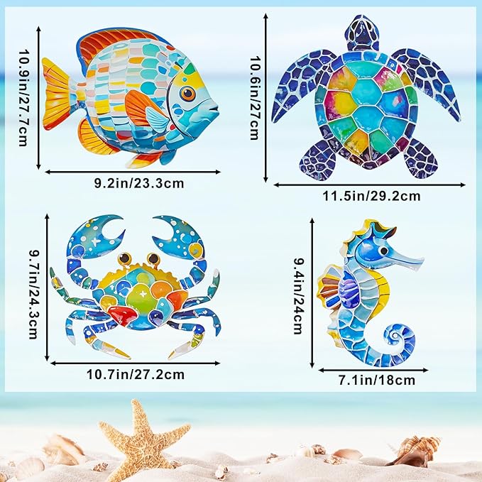 FaloStwer Arte de metal para decoración de pared de playa, colorido 3D, tortugas marinas, peces, cangrejo, caballito de mar, esculturas al aire libre, impresión UV, arte de pared con temática oceánica