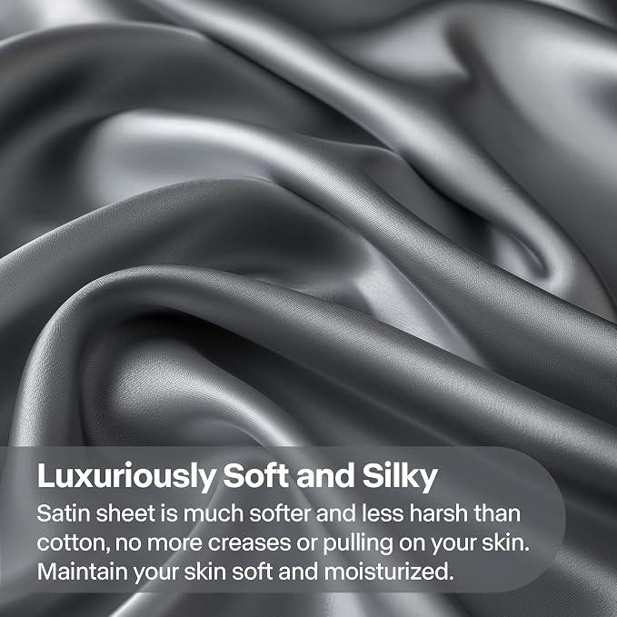 Sábanas de Satén BEDELITE Twin XL Gris — Suaves, Sedosas, Beneficiosas para Cabello y Piel, Set 3 Piezas