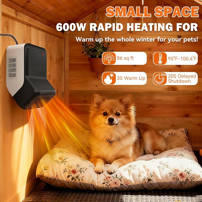 Calentador para Caseta de Perro con Termostato — 2 Modos de Calefacción 600/300W, Protección contra Sobrecalentamiento y Cable Anti-Mordida de 6FT