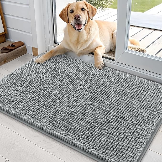 OLANLY - Tapete para puerta de perro y patas sucias, absorbe la humedad y la suciedad, antideslizante, lavable, de felpilla de secado rápido, para puerta interior, 36 x 24 pulgadas, gris
