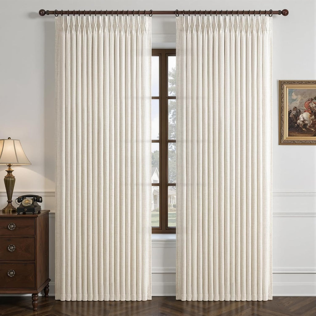 Cortinas semitransparentes de lino natural para habitación infantil, 239 cm de largo, juego de 2 paneles, tela abedul con memoria, pliegues pellizcados, filtrantes de luz, 239-244 cm de largo, cortinas para ventanas de habitaciones infantiles con ganchos