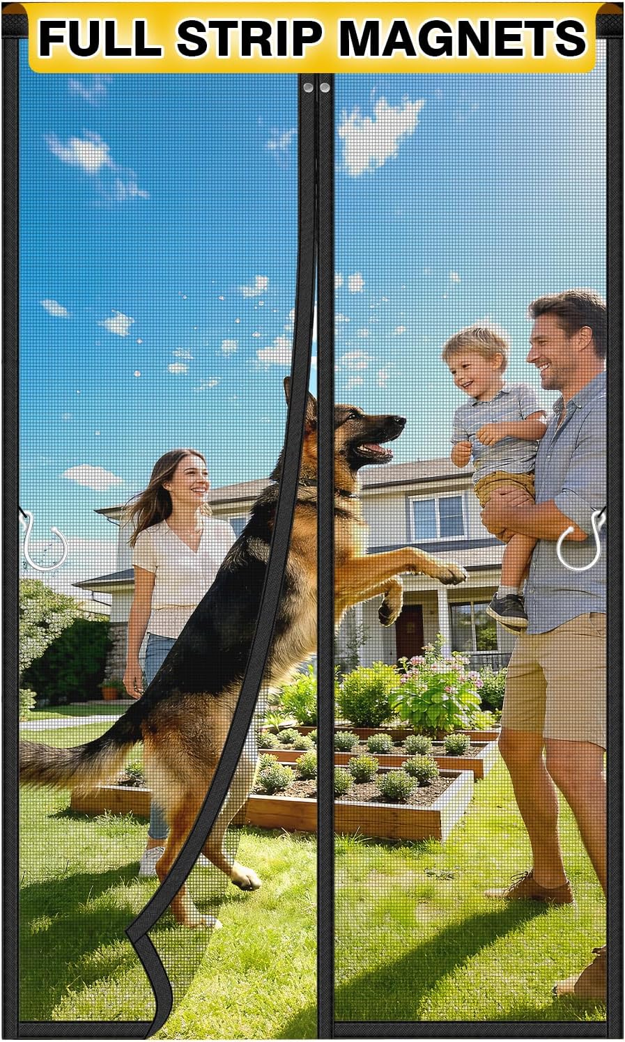 Malla magnética mejorada HOFUDON para puerta mosquitera, imanes de tira completa, malla de fibra de vidrio resistente, cierre magnético para puerta individual de 38 x 82 pulgadas, tamaño de puerta mosquitera de 40 x 84 pulgadas, color negro.