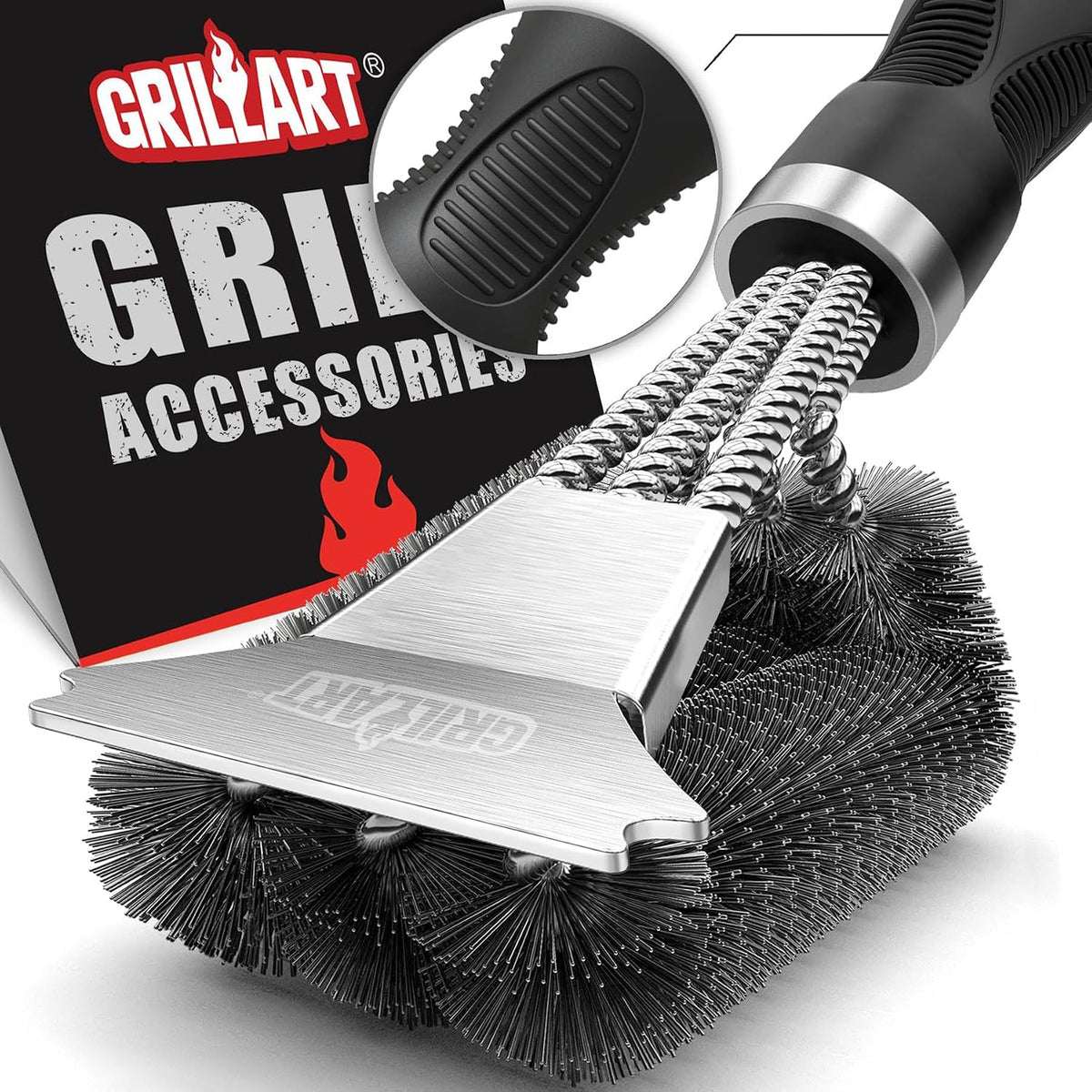 Cepillo para Parrilla GRILLART 18" – Rascador, Cerdas Triple Seguridad, Limpieza 360°, Gas y Carbón
