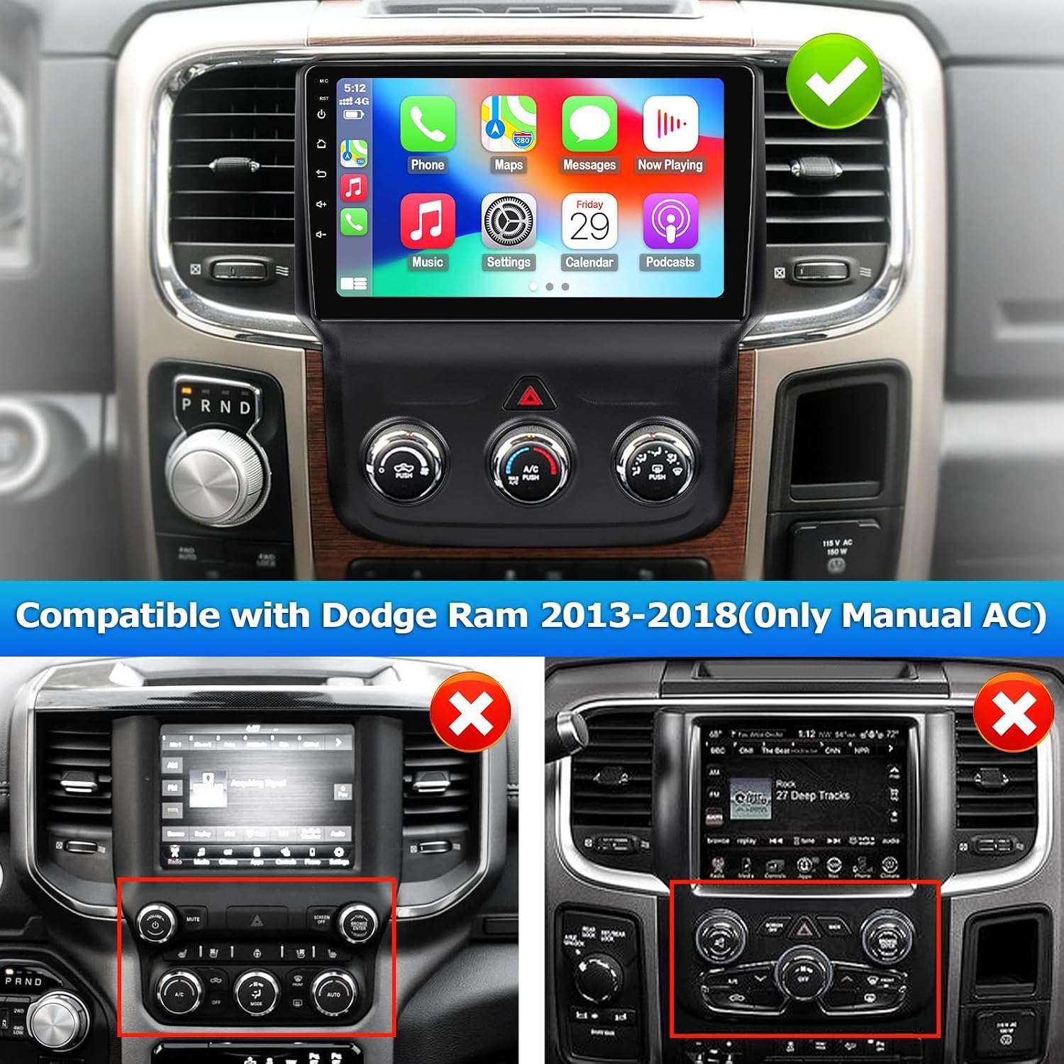 Para actualización de radio Dodge ram 2013-2018, repuesto para radio ram 1500/2500/3500 con CarPlay y Android Auto, pantalla táctil Android 13 de 9 pulgadas, 2G RAM 64G ROM (para CA manual)