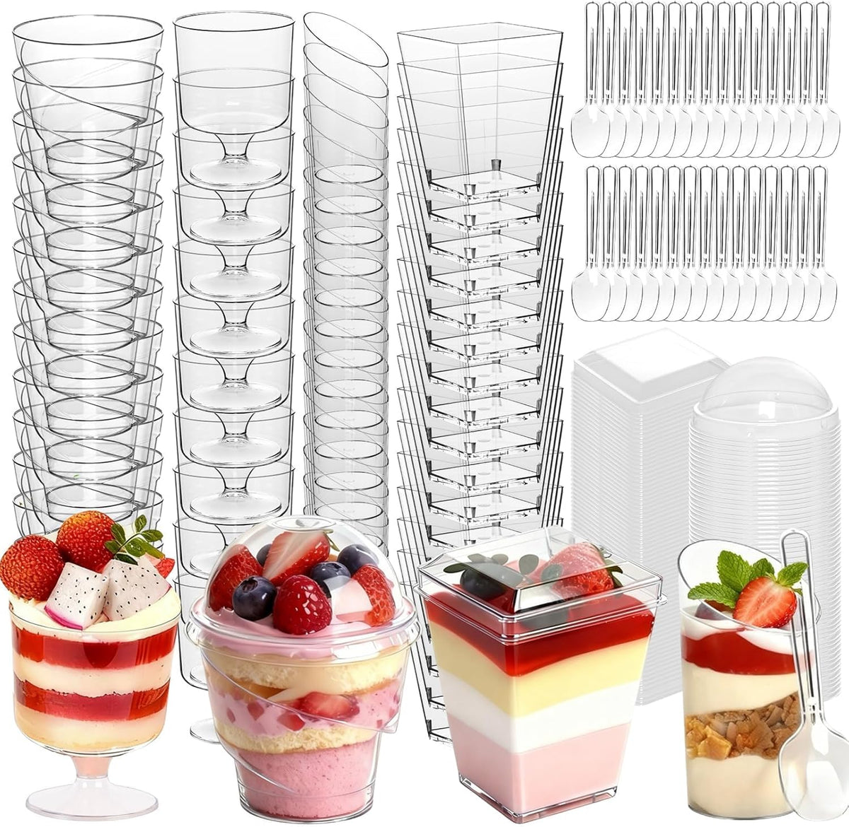 Paquete de 400 Vasos de Postre de 148 ml JPPSUJJ con Tapas y Cucharas, Vasos de Plástico Transparente para Parfait y Yogur, Vasos Pequeños para Fiestas, Helado, Pudín, Frutas | Envases de Aperitivos Cuadrados