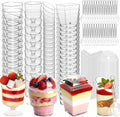 JPPSUJJ Paquete de 400 vasos de postre de 142 g con tapas y cucharas, vasos de plástico transparente para parfait y yogur, mini vasos para chupitos para fiestas, helado, pudín, fruta | Envases cuadrados para aperitivos