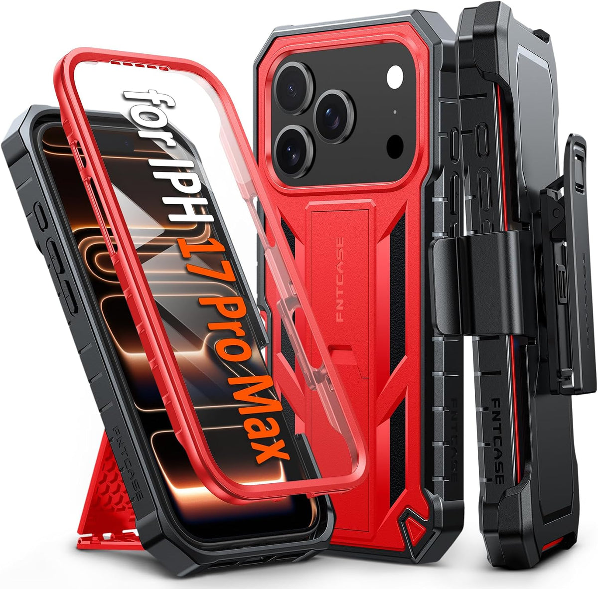 Funda FNTCASE para iPhone 17 Pro Max – Grado Militar con Soporte, Clip para Cinturón y TPU Texturizado Rojo