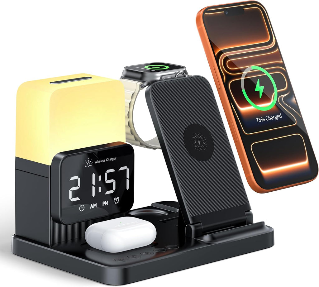 PRODUCTO VIENE COMO SE MUESTRA EN LA SEGUNDA IMAGEN  ) Estacion de Carga Inalambrica 6 en 1 | Soporte para iPhone 17 16 15 14 13 12 Pro Max Watch AirPods | Con Luz Nocturna y Reloj Despertador