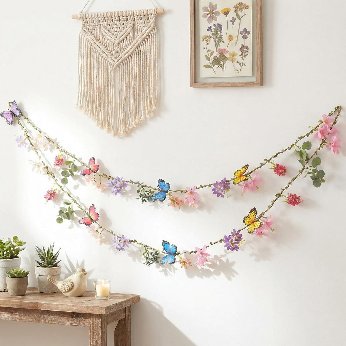 Hahafelt 2 Piezas Guirnalda Flor Silvestre 2 Metros Bandera con Mariposa Hojas Verdes Artificiales Falsas Enredadera Flores Colgantes para Jardín Fiesta Té Pared Hada Hogar Boda Decoración Primavera