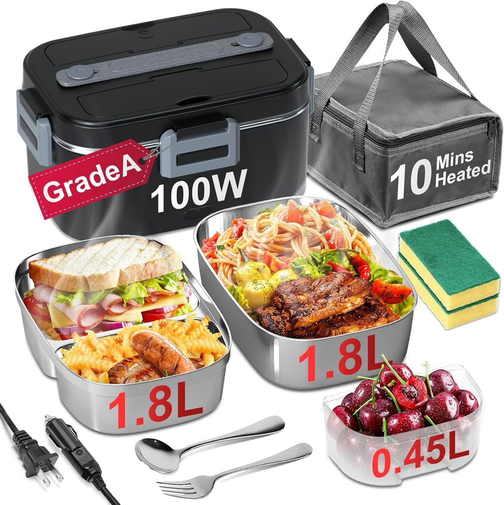 Epinovo Electric Lunch Box for Adults - 2 Pack 1.8L Container 100W Fast Heated Lunch Boxes for Men Portable Food Warmer for Car, Truck, Office(12V/24V/110V)