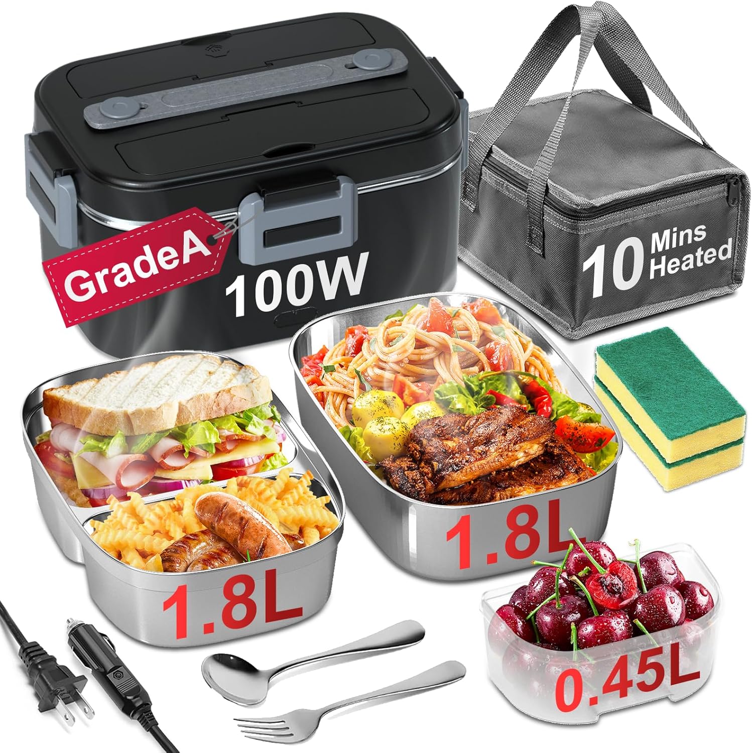 Epinovo Electric Lunch Box for Adults - 2 Pack 1.8L Container 100W Fast Heated Lunch Boxes for Men Portable Food Warmer for Car, Truck, Office(12V/24V/110V)