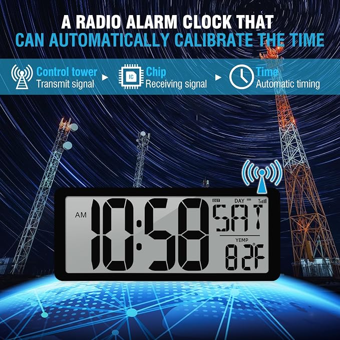 (Reloj de pared digital grande de 15 pulgadas con números de 4.6" Operado por batería - ¡Nunca necesita configuración! - Números fáciles de leer - Configuración fácil - DST automático)