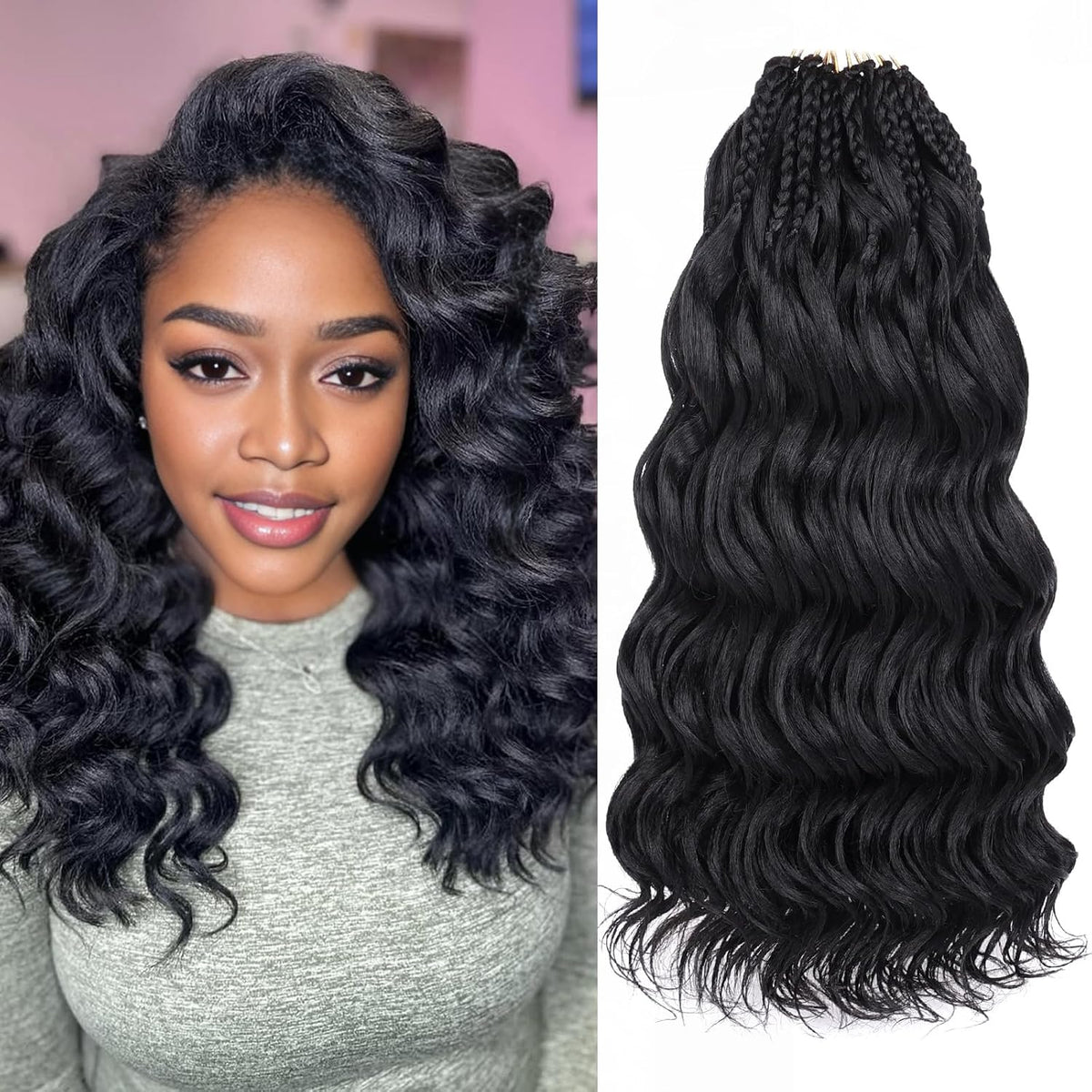 Leeven Cabello de ganchillo pre-bucleado de 14 pulgadas con ondas oceánicas, 8 paquetes, negro, corto, rizado, trenzas bohemias oceánicas, trenzas sintéticas pre-retorcidas de ganchillo con ondas profundas para mujeres
