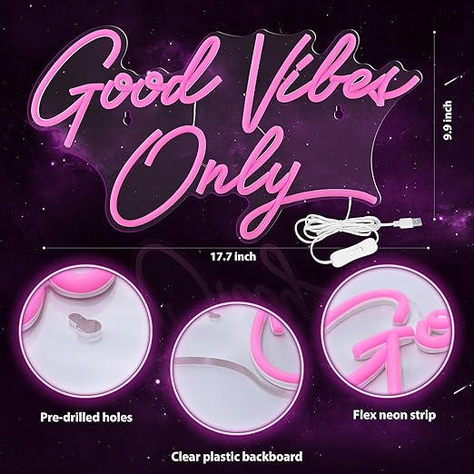 Kavaas Letrero Neón LED "Good Vibes Only" Rosa 17.7" x 9.9" — Decoración para Pared, Fiestas, Bar y Salón