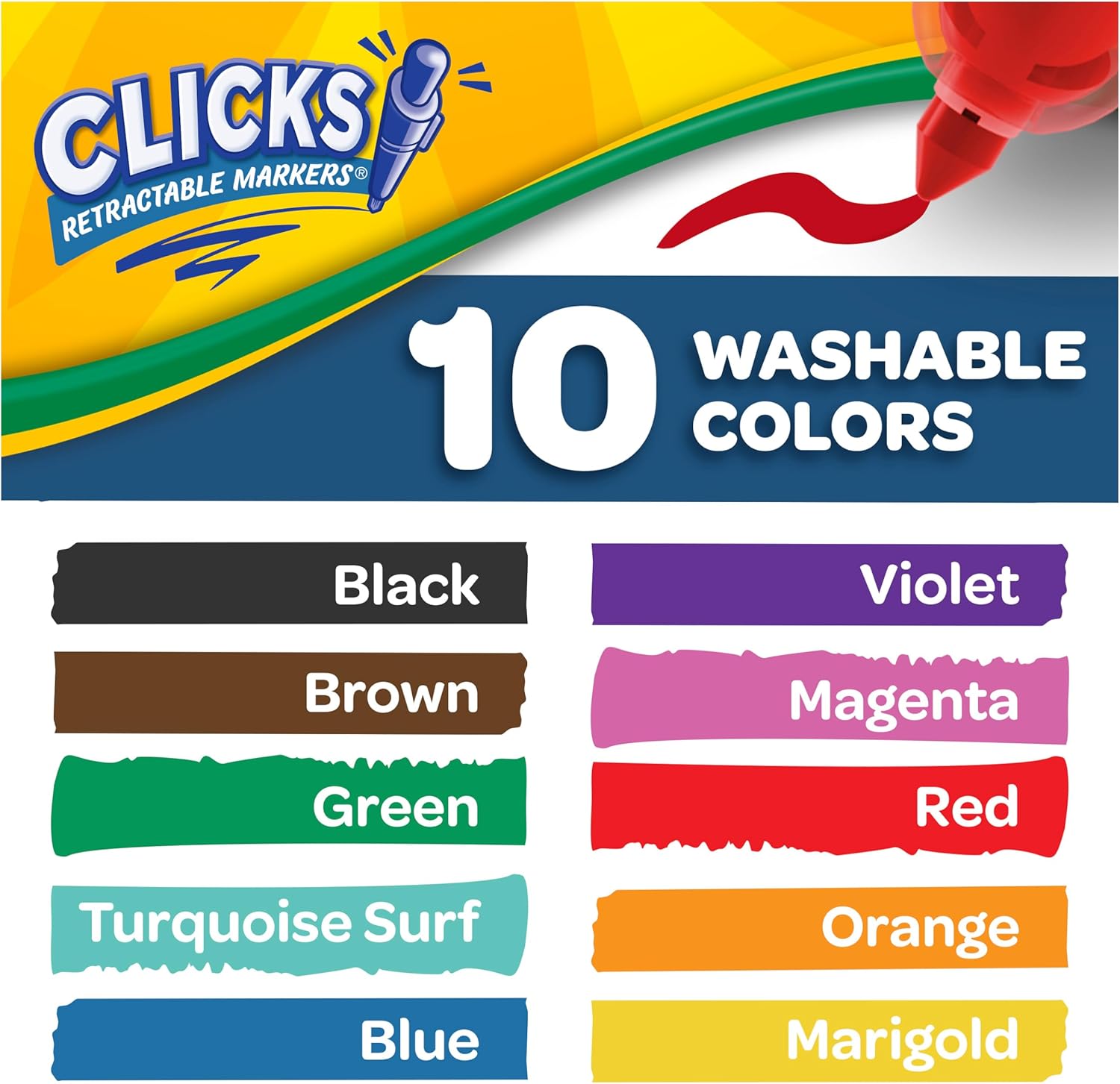 Crayola Clicks - Marcadores retráctiles de punta (10 quilates), juego de marcadores de punta de cono lavables, bonitos suministros escolares estéticos, imprescindibles para el aula, a partir de 3 años