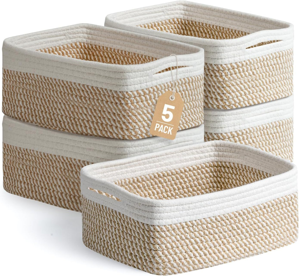 5 Canastas Tejidas de Almacenamiento para Estantes | Organizadores de Cuerda de Algodon para Bano, Closet y Guarderia | 11.8x7.9x4.7 Pulgadas | Caqui/Blanco